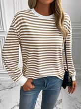 Ivy Lane Striped Round Neck Long Sleeve Sweatshirt Mocha OutfitFlow