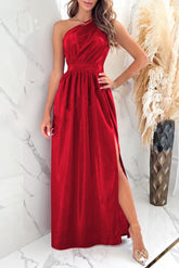 One Shoulder Slit Ruched Maxi Dress Red OutfitFlow