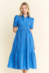 Jade By Jane Short Sleeve Button Down Midi Dress BLUE OutfitFlow