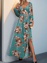 Perfee Slit Printed Surplice Long Sleeve Maxi Dress Turquoise OutfitFlow