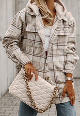 Plaid Removable Hood Button Up Jacket Plaid OutfitFlow