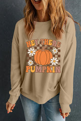 Pumpkin Graphic Long Sleeve Sweatshirt Khaki OutfitFlow