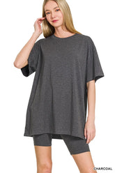 Zenana Cotton Round Neck Top & Biker Shorts CHARCOAL OutfitFlow