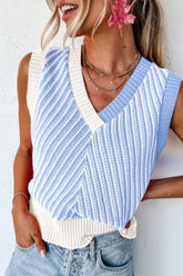Striped Contrast V-Neck Sweater Vest Light Blue OutfitFlow