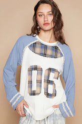 POL Plaid Number 06 Raglan Sleeve T-Shirt Light Blue OutfitFlow