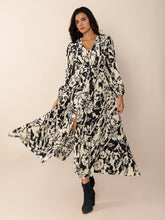 Tied Printed V-Neck Long Sleeve Midi Dress Black White OutfitFlow