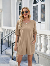 Lovelet Backless Pocketed Round Neck Half Sleeve Romper Khaki OutfitFlow