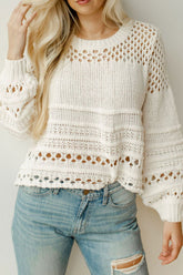 Pointelle Knit Puff Sleeve Sweater Ivory OutfitFlow