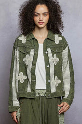 POL Button Down Raw Hem Jacket with Floral Patch OLIVE MULTI OutfitFlow