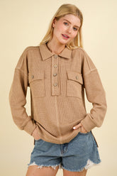 VERY J Collared Half Button Knit Top with Pockets Taupe OutfitFlow