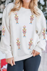 Full Size Corded Rib Sequin Patched Nutcracker Graphic Drop Shoulder Sweatshirt Plus Size White OutfitFlow