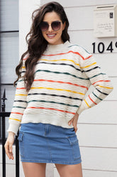 Striped Round Neck Long Sleeve Sweater Floral OutfitFlow