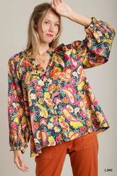 Umgee Full Size Satin Paisley Ruffle Neck Button-Up Shirt Plus Size Lime OutfitFlow