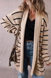 Striped Open Front Long Sleeve Cardigan Khaki OutfitFlow