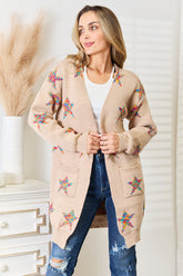 Angel Wings Star Pattern Open Front Longline Cardigan Mocha OutfitFlow