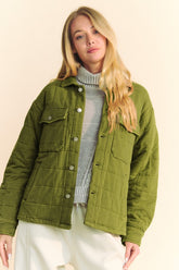 Davi & Dani Quilted Button Down Shacket with Chest Pockets Yellow-Green OutfitFlow