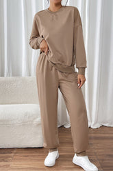 Perfee Round Neck Long Sleeve Top and Pants Set Camel OutfitFlow