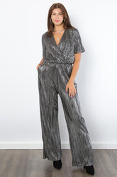Be Stage Surplice Short Sleeve Pleated Foil Jumpsuit Silver OutfitFlow