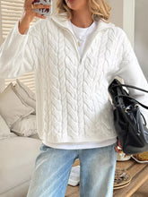 Zip Collar Cable-Knit Sweater White OutfitFlow