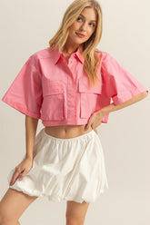 HYFVE Front Pockets Poplin Collared Neck Crop Shirt Burnt Coral OutfitFlow