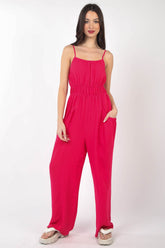 VERY J Pintuck Detail Woven Sleeveless Jumpsuit Hot Pink OutfitFlow