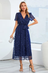Sequin Leaf Embroidery Tie Front Short Sleeve Dress Dark Blue OutfitFlow