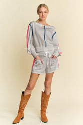 Davi & Dani Sequin Stripe Long Sleeve Top And Short Pants Set GREY OutfitFlow