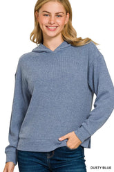 Zenana Ribbed Long Sleeve Hoodie DUSTY BLUE OutfitFlow