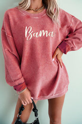 Corded Ribbed Bama Embroidered Letter Graphic Sweatshirt Dusty Pink Trendsi