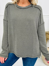 Twist Ribbed Exposed Seam Detail Long Sleeve Loose Top Sage OutfitFlow