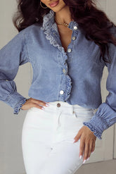 Frill Button Up Long Sleeve Denim Top Medium OutfitFlow
