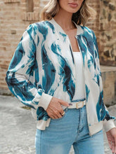 Printed Baseball Collar Zip Up Jacket Teal OutfitFlow