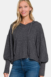 Zenana Brushed Hacci Drop Shoulder Cropped Hoodie Black OutfitFlow