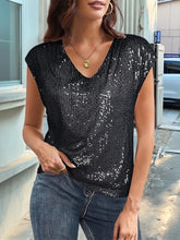 V-Neck Sequin Cap Sleeve Top Black OutfitFlow
