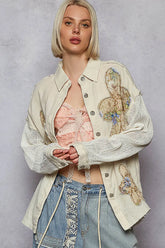POL Button Down Exposed Seam Flower Print Patch Shirt with Crochet Long Sleeve Cream OutfitFlow