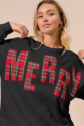 BiBi Plaid Merry Lettering Christmas Fleece Sweatshirt BLACK RED PLAID OutfitFlow