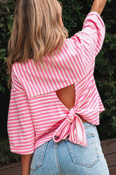 Striped Tie-Back Blouse with Cutout Detail Pink OutfitFlow