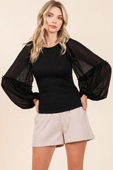 Mittoshop Mixed Media Textured Knit Chiffon Long Sleeve Top Black OutfitFlow