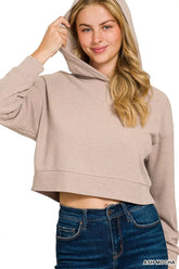 Zenana Drop Shoulder Ribbed Crop Hoodie ASH MOCHA OutfitFlow
