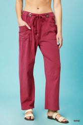 Umgee Drawstring Wide Leg Casual Pants WINE OutfitFlow