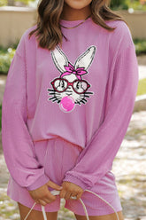 Bubble Gum Rabbit Sequin Corded Rib Top and Shorts Set Fuchsia Pink OutfitFlow