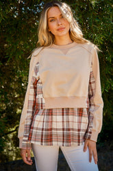 And The Why Full Size Double Layered Plaid Contrast Sweatshirt Taupe OutfitFlow
