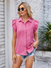 Ruffled Pocketed Collared Neck Cap Sleeve Denim Top Hot Pink OutfitFlow