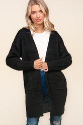 Haptics Stripe Textured Open Front Cardigan with Pockets Black OutfitFlow