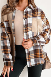 Plaid Button Up Long Sleeve Shacket Khaki OutfitFlow