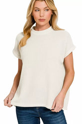 Zenana Chenille Waffle Cap Sleeve Sweater IVORY OutfitFlow