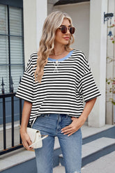 Contrast Striped Round Neck Half Sleeve T-Shirt Black White OutfitFlow