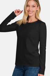 Zenana Full Size Solid Color Round Neck Long Sleeve T-Shirt Black OutfitFlow