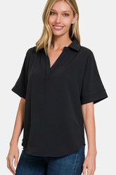 Zenana Full Size Texture Collared Neck Short Sleeve Top Black OutfitFlow