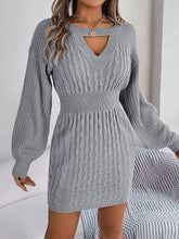 Cable-Knit Cutout Round Neck Slit Sweater Dress Charcoal OutfitFlow